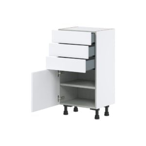 Lily Bright White  Slab Assembled Shallow Base Cabinet with 1 Door and Three 5 In. Drawers (18 in. W x 34.5 in. H x 14 in. D)