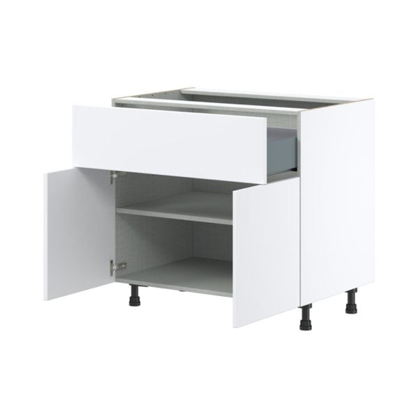 Lily Bright White  Slab Assembled Base Cabinet with 1 Door and 10 in. Drawer (36 in. W x 34.5 in. H x 24 in. D)