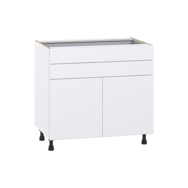 Lily Bright White  Slab Assembled Base Cabinet with Two Doors and Two 5 in. Drawers (36 in. W x 34.5 in. H x 24 in. D)