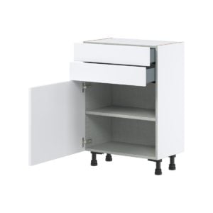 Lily Bright White  Slab Assembled Shallow Base Cabinet with 1 Door and Two 10 in. Drawers (24 in. W x 34.5 in. H x 14 in. D)