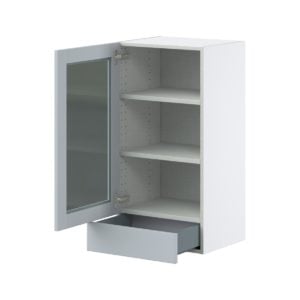 Sea Holly Light Gray Assembled Wall  Cabinet with a Glass Door and a 5 in. Drawer (18 in. W x 35 in. H x 14 in. D)