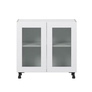 Jasmine Painted Warm White  Shaker Assembled Shallow Base Cabinet with 2 Full High Glass Doors (36 in. W x 34.5 in. H x 14 in. D)