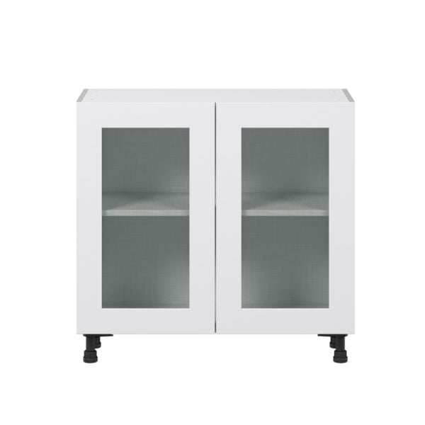 Jasmine Painted Warm White  Shaker Assembled Shallow Base Cabinet with 2 Full High Glass Doors (36 in. W x 34.5 in. H x 14 in. D)