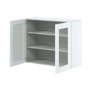 Jasmine Painted Warm White Assembled Wall  Cabinet with 2 Glass Doors (36 in. W x 30 in. H x 14 in. D)