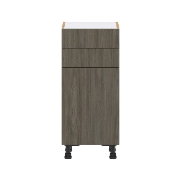 Cordyline Textured Slab Walnut Assembled Shallow Base Cabinet with 1 Door and Two 10 in. Drawers (15 in. W x 34.5 in. H x 14 in. D)