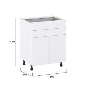 Lily Bright White  Slab Assembled Base Cabinet with 2 Doors and Two 5 in. Drawers (27 in. W X 34.5 in. H X 24 in. D)