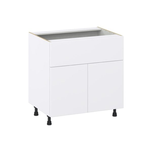 Lily Bright White  Slab Assembled Base Cabinet with 2 Doors and a 10 in. Drawer (33 in. W X 34.5 in. H X 24 in. D)