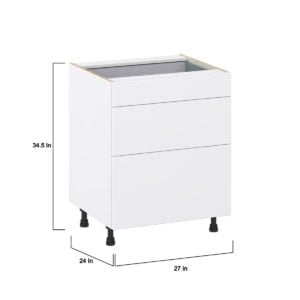 Lily Bright White  Slab Assembled Base Cabinet with 3 Drawers  (27 in. W X 34.5 in. H X 24 in. D)