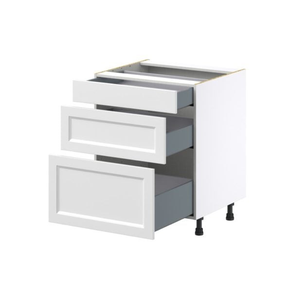 Magnolia Painted Bright White Recessed Assembled Base Cabinet with 3 Drawers  (27 in. W X 34.5 in. H X 24 in. D)