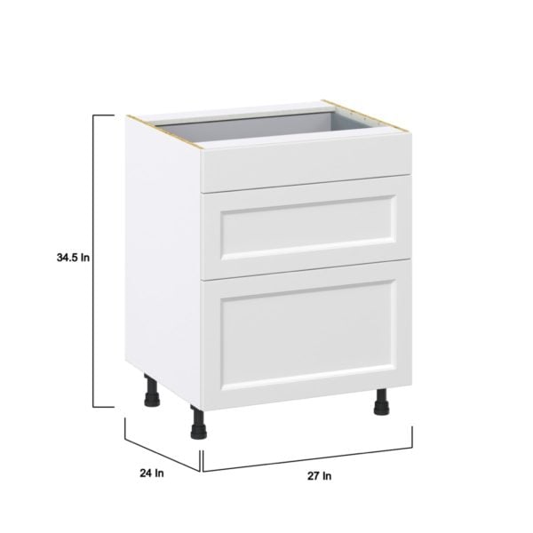 Magnolia Painted Bright White Recessed Assembled Base Cabinet with 3 Drawers  (27 in. W X 34.5 in. H X 24 in. D)