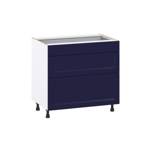 Camellia Painted Midnight Blue Recessed Assembled Base Cabinet with 3 Drawers (36 in. W x 34.5 in. H x 24 in. D)