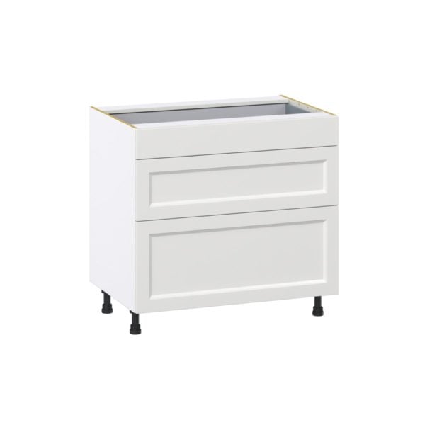 Magnolia Painted Bright White Recessed Assembled Base Cabinet with 3 Drawers (36 in. W x 34.5 in. H x 24 in. D)