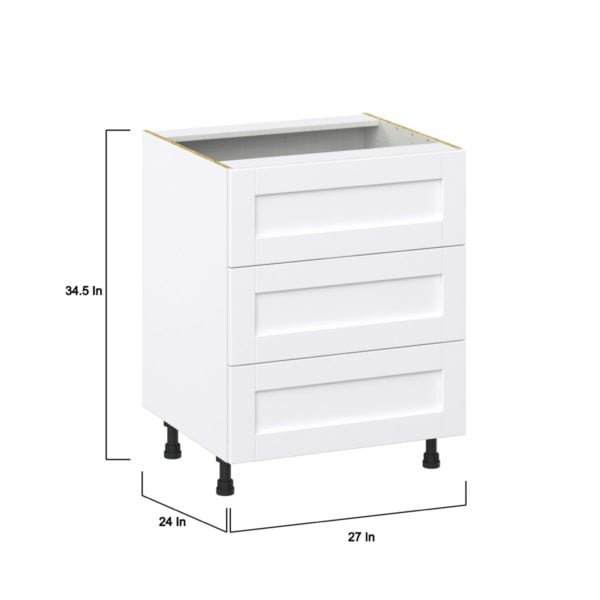 Dahlia Bright White  Shaker Assembled Base Cabinet with Three 10 in. Drawers (27 in. W X 34.5 in. H X 24 in. D)