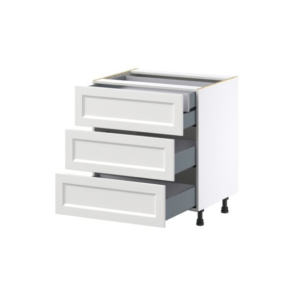 Magnolia Painted Bright White Recessed Assembled Base Cabinet with Three 10 in. Drawers and 1 Inner Drawer (30 in. W x 34.5 in. H x 24 in. D)