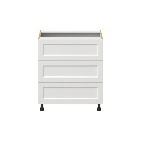 Magnolia Painted Bright White Recessed Assembled Base Cabinet with Three 10 in. Drawers and 1 Inner Drawer (30 in. W x 34.5 in. H x 24 in. D)