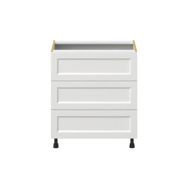 Magnolia Painted Bright White Recessed Assembled Base Cabinet with Three 10 in. Drawers (30 in. W x 34.5 in. H x 24 in. D)