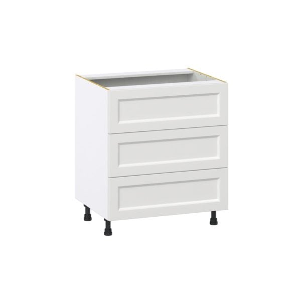 Magnolia Painted Bright White Recessed Assembled Base Cabinet with Three 10 in. Drawers (30 in. W x 34.5 in. H x 24 in. D)