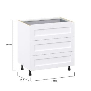 Dahlia Bright White  Shaker Assembled Base Cabinet with Three 10 in. Drawers and 1 Inner Drawer (33 in. W X 34.5 in. H X 24 in. D)