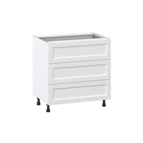 Magnolia Painted Bright White Recessed Assembled Base Cabinet with Three 10 in. Drawers and 1 Inner Drawer (33 in. W X 34.5 in. H X 24 in. D)