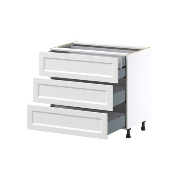 Magnolia Painted Bright White Recessed Assembled Base Cabinet with Three 10 in. Drawers and 1 Inner Drawer (36 in. W x 34.5 in. H x 24 in. D)