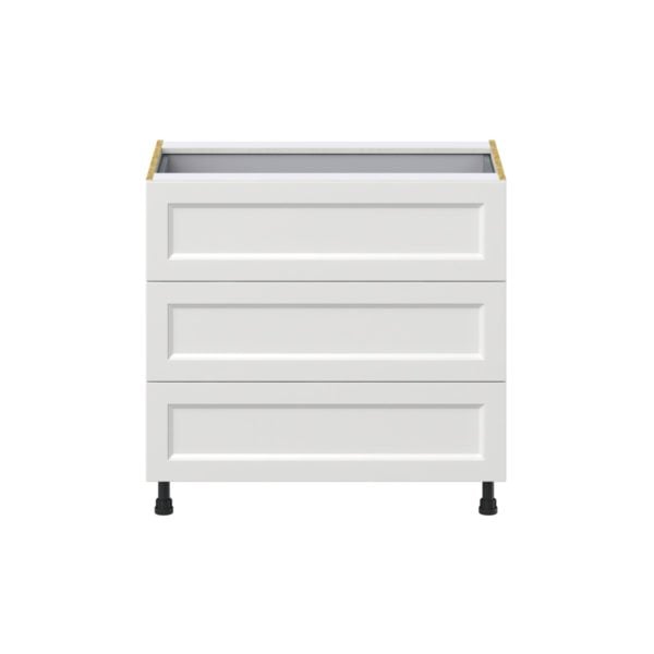 Magnolia Painted Bright White Recessed Assembled Base Cabinet with Three 10 in. Drawers and 1 Inner Drawer (36 in. W x 34.5 in. H x 24 in. D)