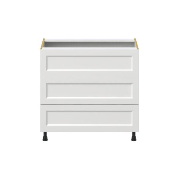 Magnolia Painted Bright White Recessed Assembled Base Cabinet with Three 10 in. Drawers (36 in. W x 34.5 in. H x 24 in. D)