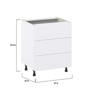 Lily Bright White  Slab Assembled Base Cabinet with Three 10 in. Drawers (27 in. W X 34.5 in. H X 24 in. D)