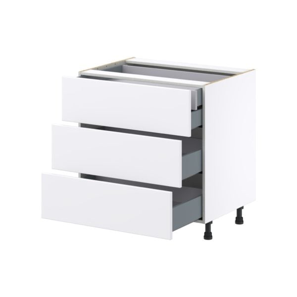 Lily Bright White  Slab Assembled Base Cabinet with Three 10 in. Drawers and 1 Inner Drawer (33 in. W X 34.5 in. H X 24 in. D)