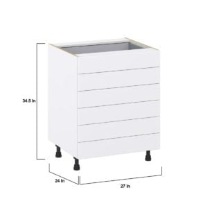 Lily Bright White  Slab Assembled Base Cabinet with 6 Drawers (27 in. W X 34.5 in. H X 24 in. D)