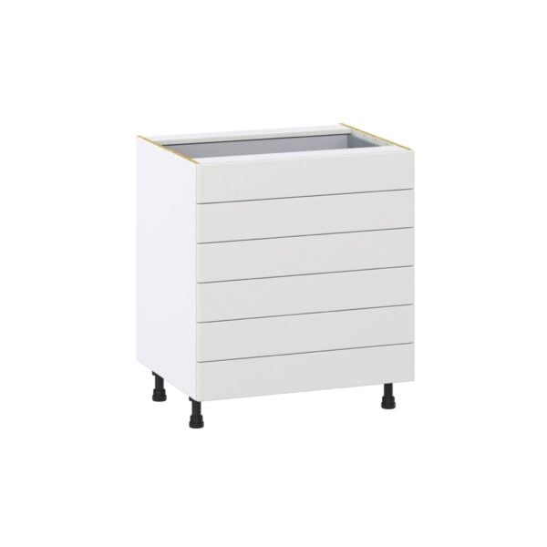 Magnolia Painted Bright White Recessed Assembled Base Cabinet with 6 Drawers (30 in. W x 34.5 in. H x 24 in. D)