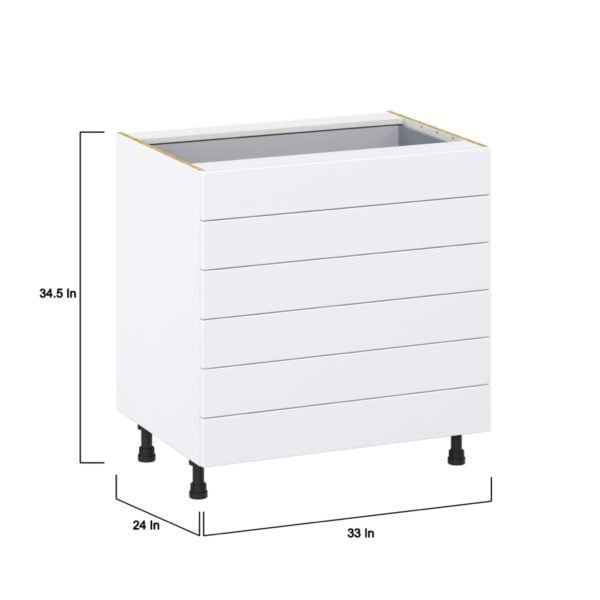 Dahlia Bright White  Shaker Assembled Base Cabinet with 6 Drawers (33 in. W X 34.5 in. H X 24 in. D)