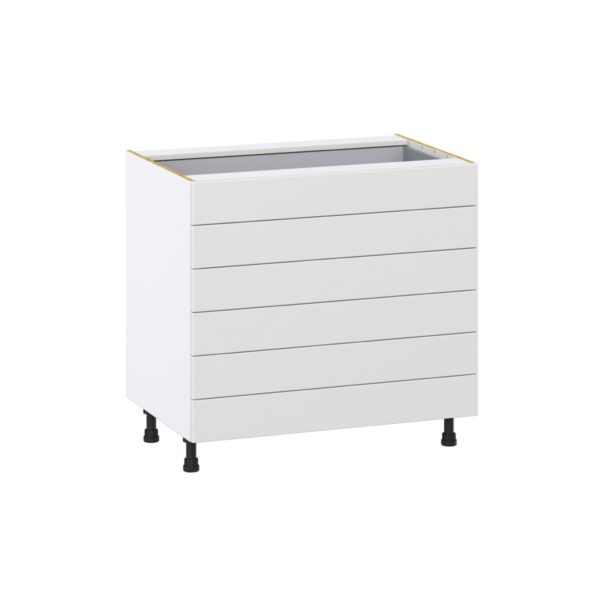 Magnolia Painted Bright White Recessed Assembled Base Cabinet with 6 Drawers (36 in. W x 34.5 in. H x 24 in. D)