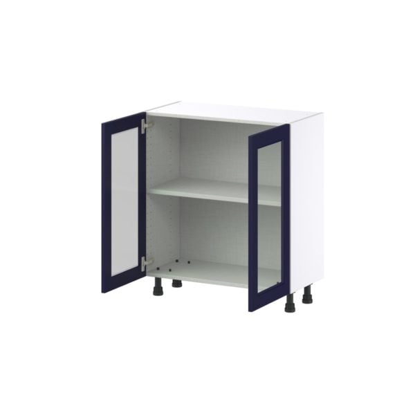 Camellia Painted Midnight Blue Recessed Assembled Shallow Base Cabinet with 2 Full High Glass Doors (30 in. W x 34.5 in. H x 14 in. D)