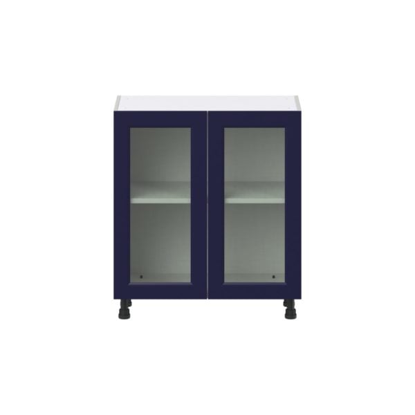 Camellia Painted Midnight Blue Recessed Assembled Shallow Base Cabinet with 2 Full High Glass Doors (30 in. W x 34.5 in. H x 14 in. D)