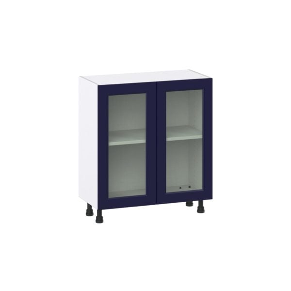 Camellia Painted Midnight Blue Recessed Assembled Shallow Base Cabinet with 2 Full High Glass Doors (30 in. W x 34.5 in. H x 14 in. D)