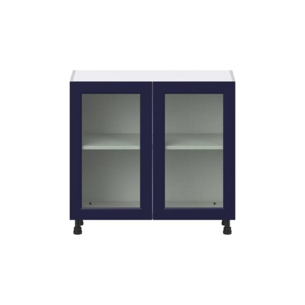 Camellia Painted Midnight Blue Recessed Assembled Shallow Base Cabinet with 2 Full High Glass Doors (36 in. W x 34.5 in. H x 14 in. D)