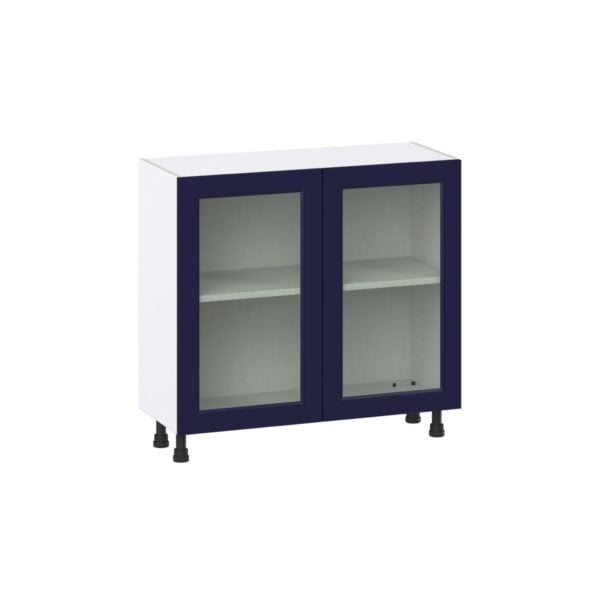 Camellia Painted Midnight Blue Recessed Assembled Shallow Base Cabinet with 2 Full High Glass Doors (36 in. W x 34.5 in. H x 14 in. D)