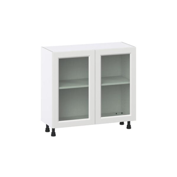 Magnolia Painted Bright White Recessed Assembled Shallow Base Cabinet with 2 Full High Glass Doors (36 in. W x 34.5 in. H x 14 in. D)