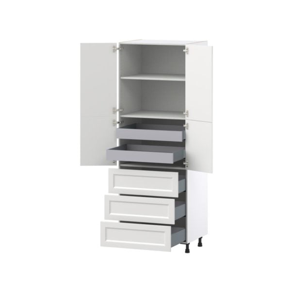 Magnolia Painted Bright White Recessed Assembled Pantry Cabinet 4 Doors with 3 Drawers and 2 Inner Drawers (30 in. W X 84.5 in. H X 24 in. D)