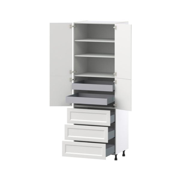 Magnolia Painted Bright White Recessed Assembled Pantry Cabinet 4 Doors with 3 Drawers and 2 Inner Drawers (30 in. W X 89.5 in. H X 24 in. D)