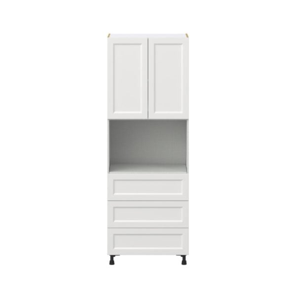 Magnolia Painted Bright White Recessed Assembled Pantry Microwave Cabinet with 3 Even Drawers (30 in. W X 84.5 in. H X 24 in. D)