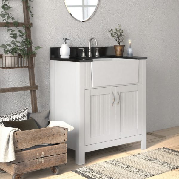 Aster 31"W x 19"D x 34"H Cotton White Vanity and Jet Black Granite Vanity Top with Farmhouse Style Sink