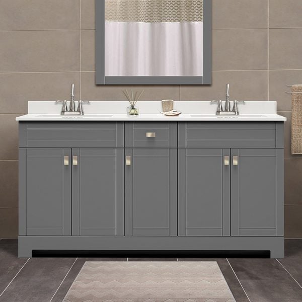 Uptown 61"W x 19"D x 33"H Matte Pewter Vanity and White Vanity Top with Integrated Sink