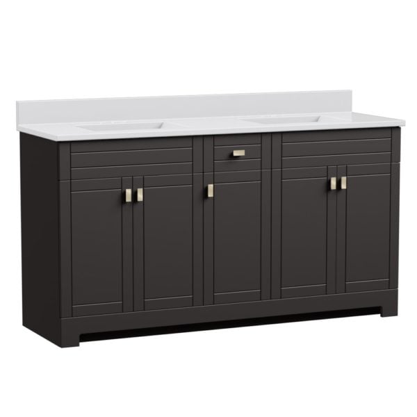 Uptown 61"W x 19"D  x 33"H Deep Brown Vanity and White Cultured Marble Vanity Top with Rectangular Integrated Wave Bowl