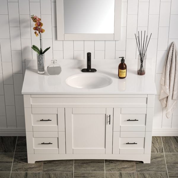 White Oval 49"W x 19"D Solid White Cultured Marble Vanity Top with Oval Non-Recessed Bowl