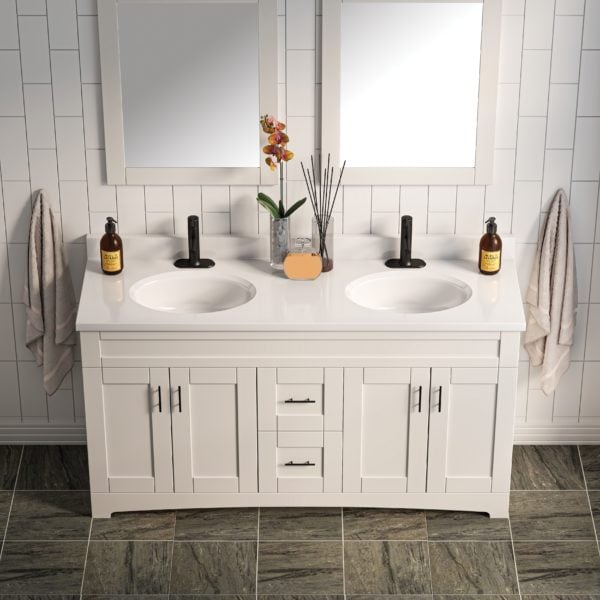 White Oval 61"W x 19"D Solid White Cultured Marble Vanity Top with Oval Non-Recessed Bowls