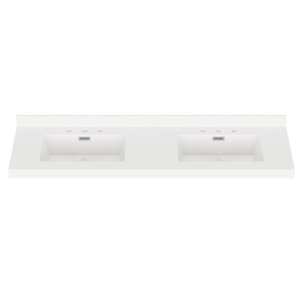 White Rectangle  61"W x 22"D White Cultured Marble Vanity Top with Rectangular Integrated Bowls