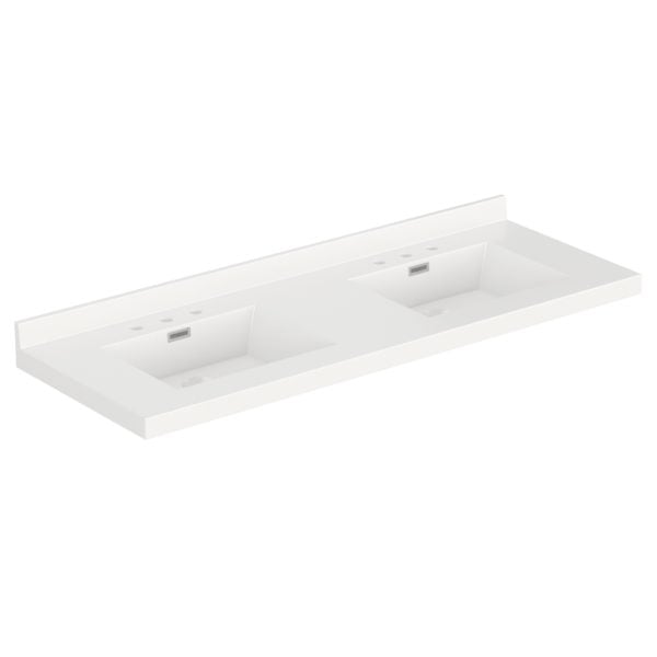 White Rectangle  61"W x 22"D White Cultured Marble Vanity Top with Rectangular Integrated Bowls