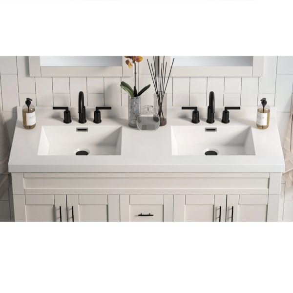 White Rectangle  61"W x 22"D White Cultured Marble Vanity Top with Rectangular Integrated Bowls