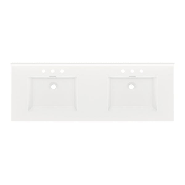 White Rectangle  61"W x 22"D White Cultured Marble Vanity Top with Rectangular Integrated Bowls